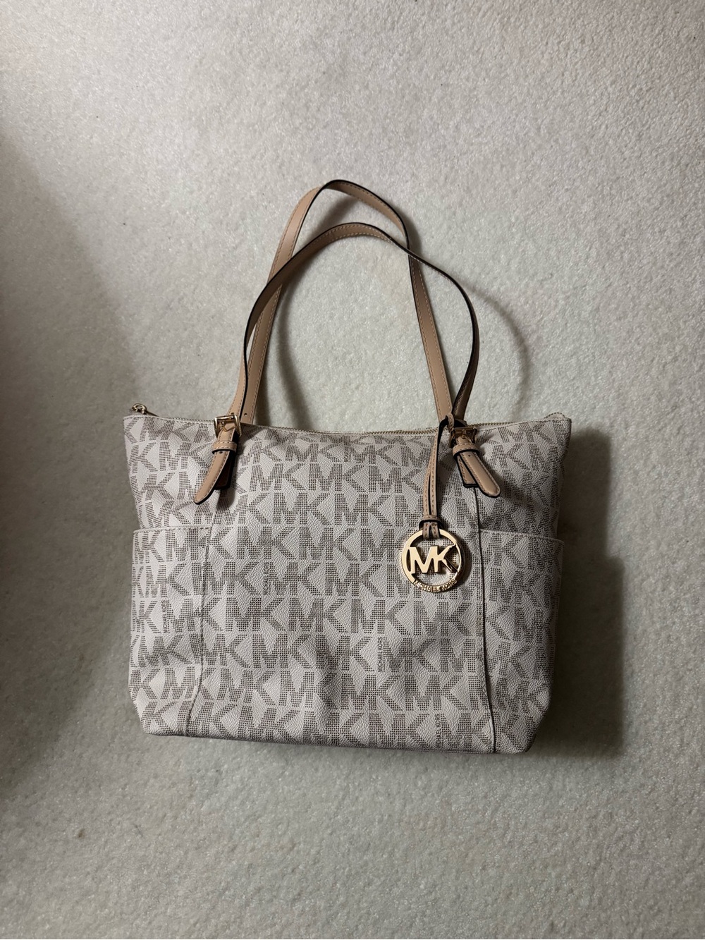Michael Kors Beige Taupe MK Logo Tote with Tan Handles